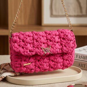 Handmade Women's Pink Crochet Gold Chain Shoulder Purse Clutch Strap Bag